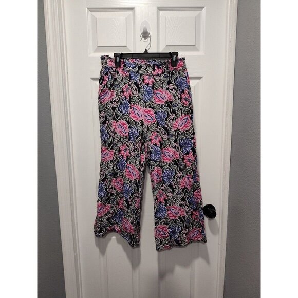 Loft Pants Womens Medium Black Pink Fluid Wide Leg Floral Spring Bloom Pockets - Picture 1 of 7